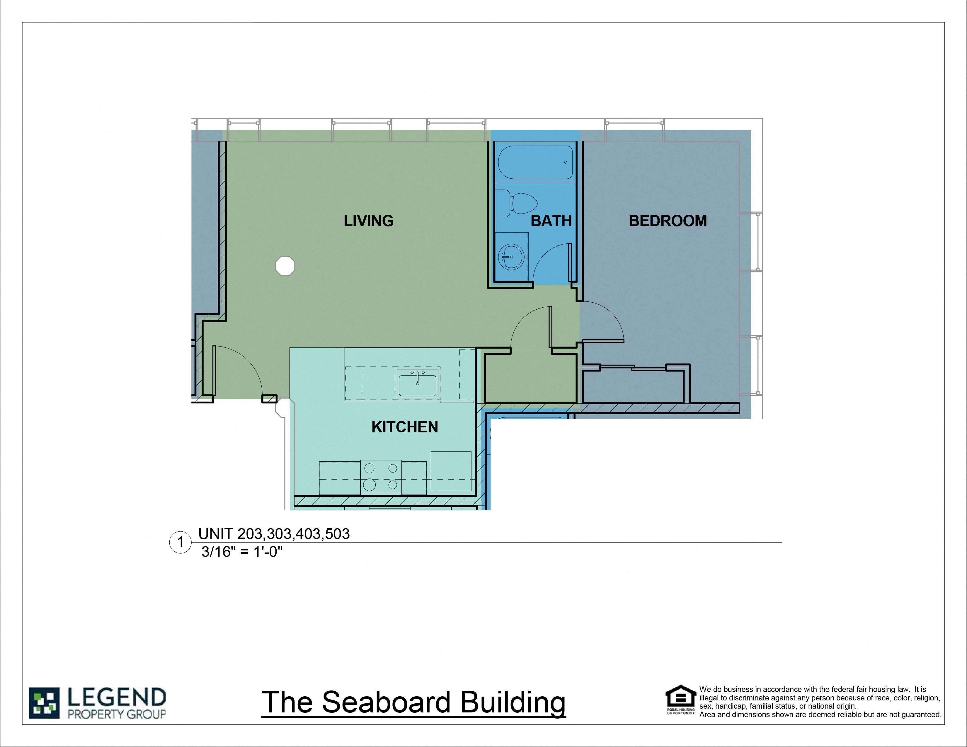 Floor plan for 1 bed, 1 bath, 618 sqft